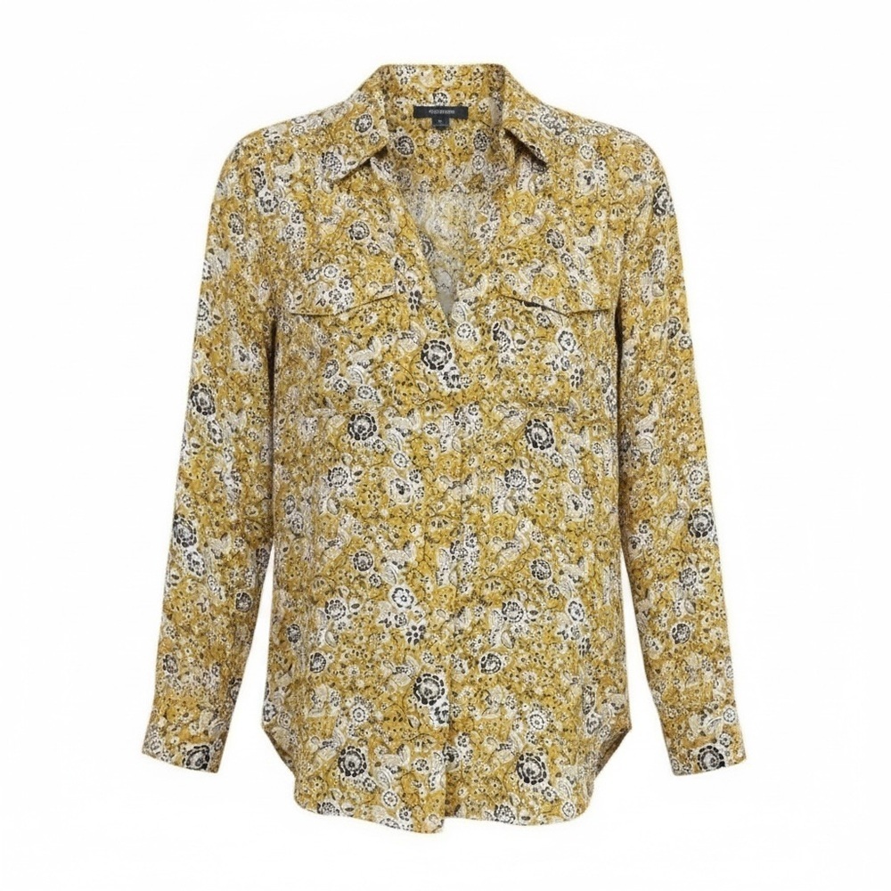Ann Taylor Yellow, Black and White floral blouse size XS w/ Font pockets, V neck